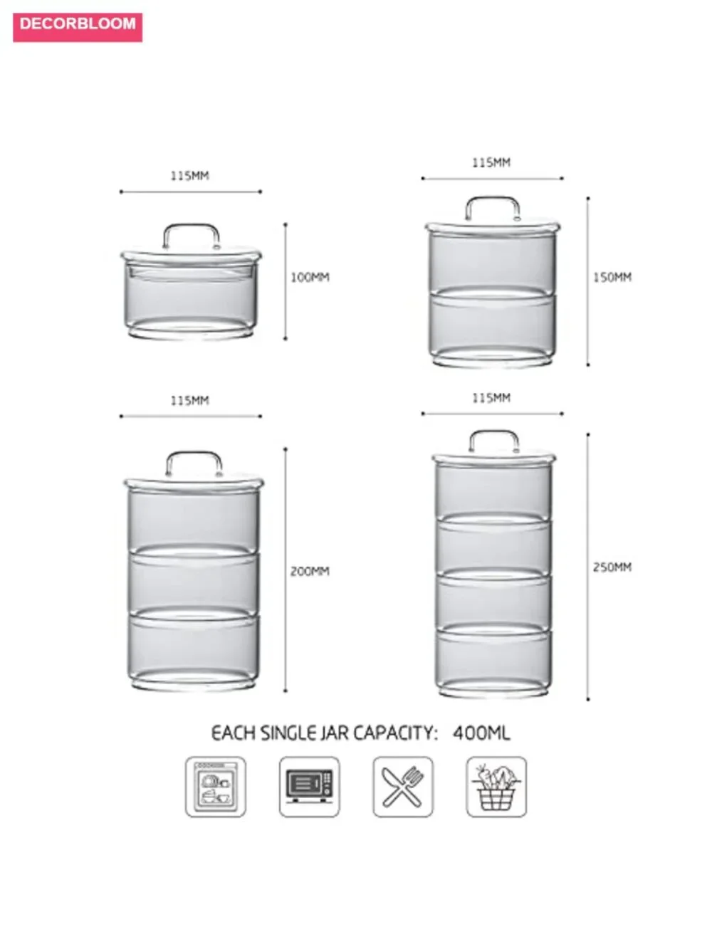 4-Tier Stackable Glass Storage Jars with Airtight Lids - Borosilicate Glass